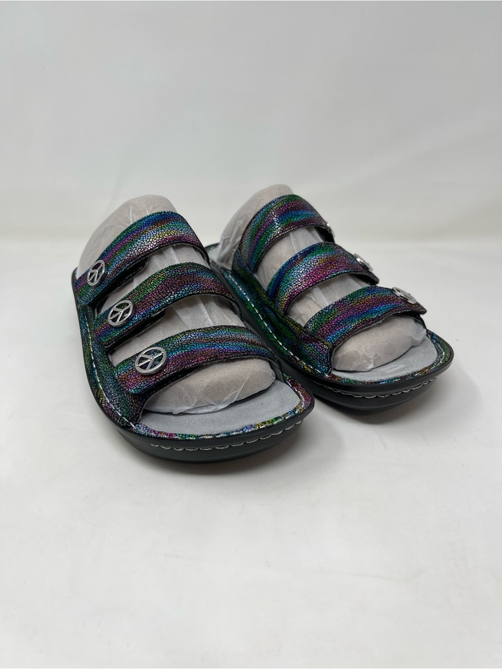 Women’s Multi-Color Iridescent Slide Sandals with Adjustable Straps